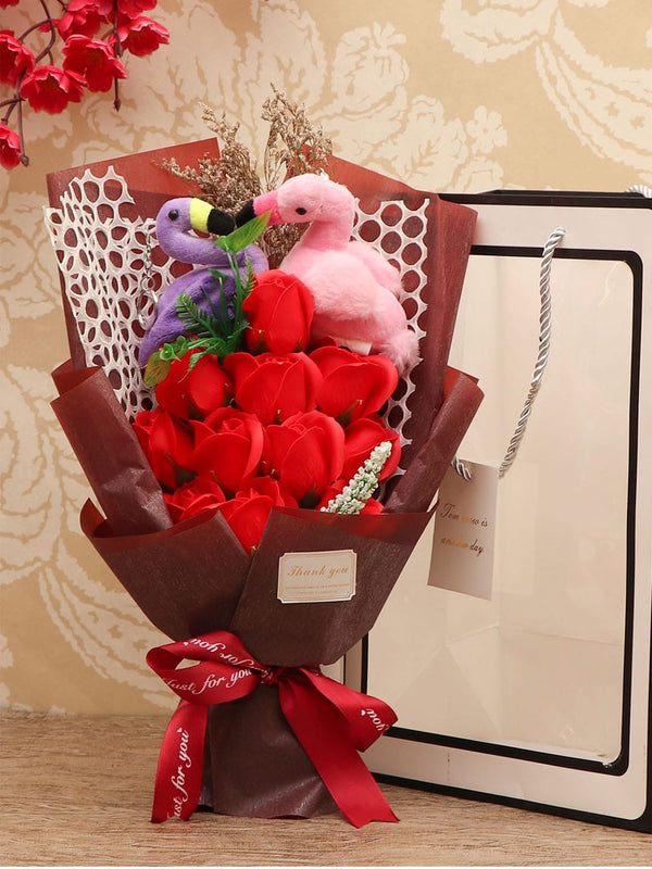 Red Artificial Rose Flower Bouquet With Swan