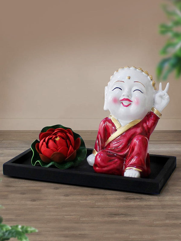 Red Decorative Buddha Idol Monk Tray and Faux Lotus Flower Showpiece