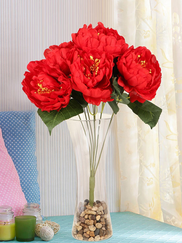 Red and Green Decorative Artificial Peony Flower Bunch Without pot