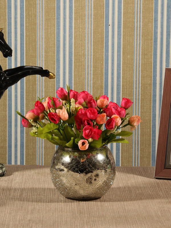 Red and Peach-Colour Artificial Rose Flower Plant With Mercury Vase