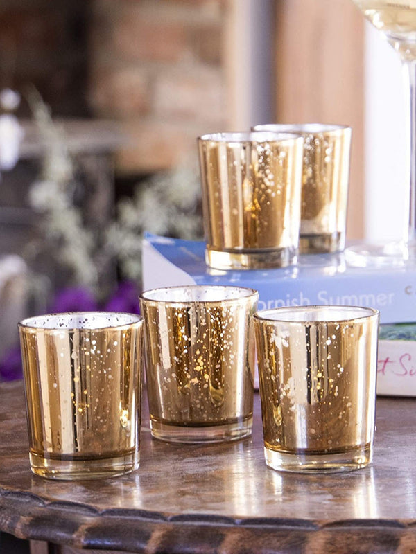 Set Of 12 Gold-Toned Patterned Glass Candle