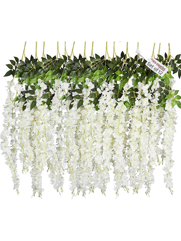 Set Of 12 White and Green Artificial Hanging Wisteria Flower-Strings