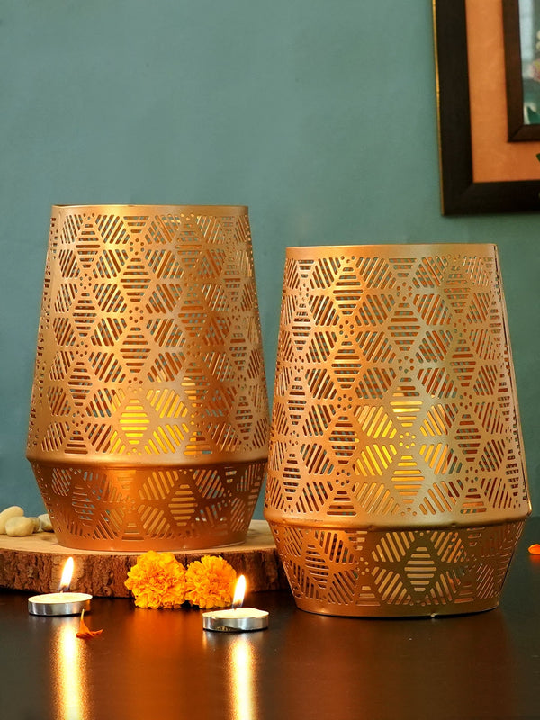 Set Of 2 Gold-Toned Textured Metal Tealight Candle