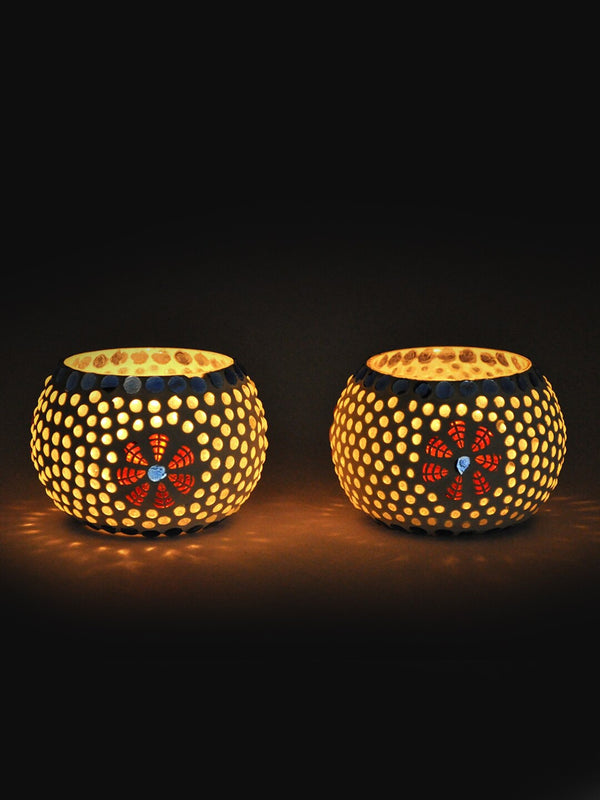 Set Of 2 Off-White & Red Mosaic Glass Tea Light