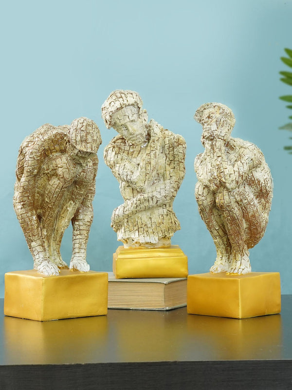 Set Of 3 Beige & Gold-Toned Man Statue