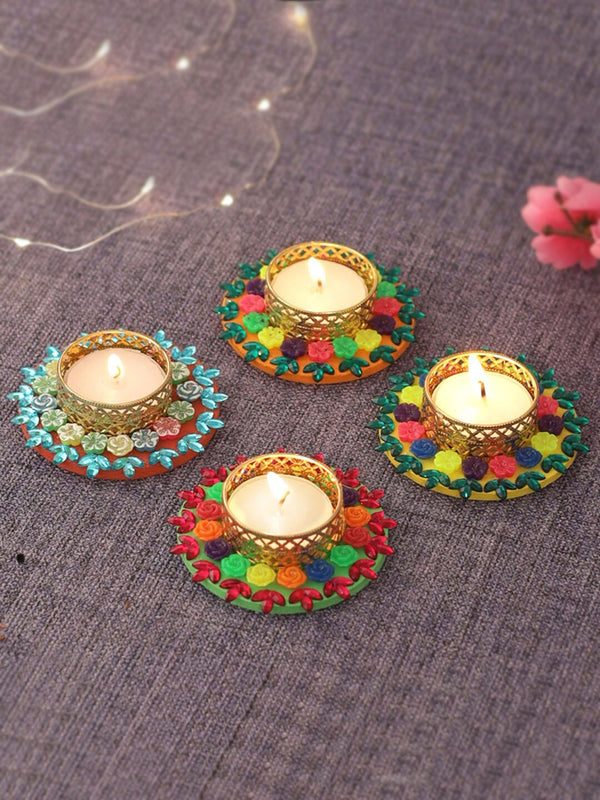 Set Of 4 Gold-Toned & Green Printed Metal Candle