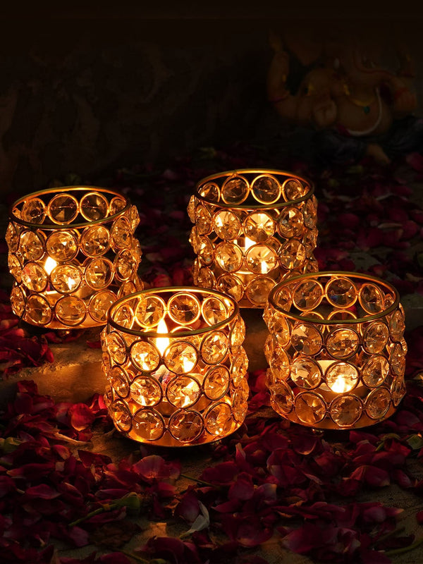 Set Of 4 Gold-Toned & White Tea Light Candle