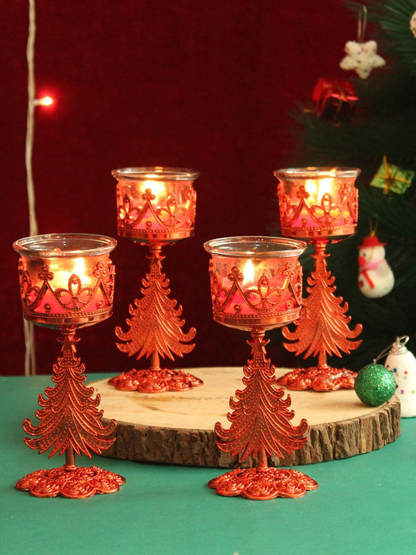 Set Of 4 Red Christmas Decoration Tealight