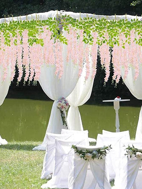 Set Of 6 Peach-Coloured and Green Artificial Hanging Wisteria Flower-Strings