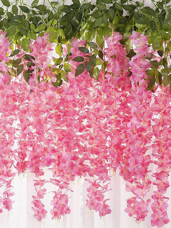 Set Of 6 Pink and Green Artificial Hanging Wisteria Flower-Strings