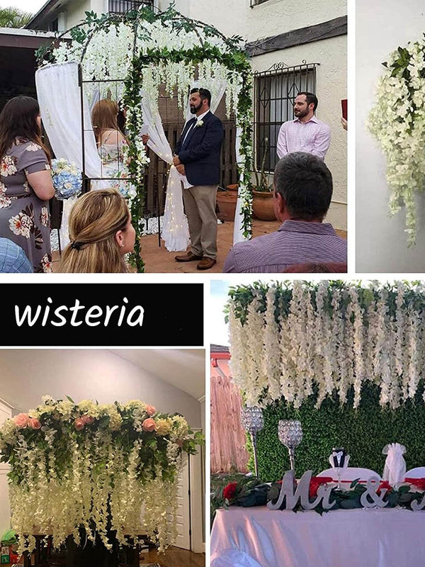 Set Of 6 White and Green Artificial Hanging Wisteria Flower-Strings