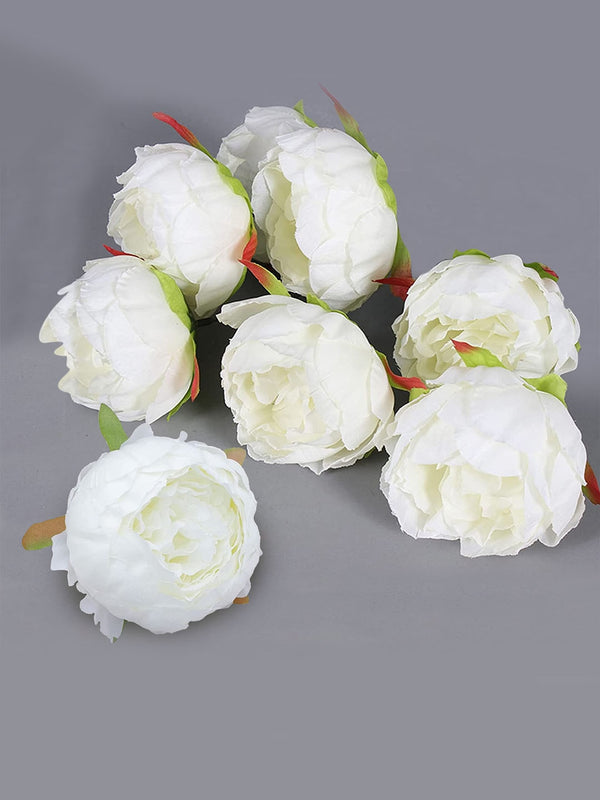 Set Of 8 White Artificial Multicoloured Peony Rose Flower Heads