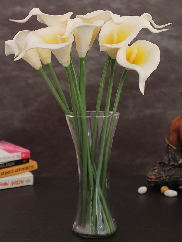 Set of 10 White and Yellow Artificial Calla Lily Flower Sticks with Vase Pot