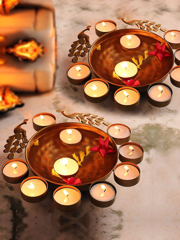 Set of 2 Gold-Toned Metal Tealight Candle Holder Urli Bowls