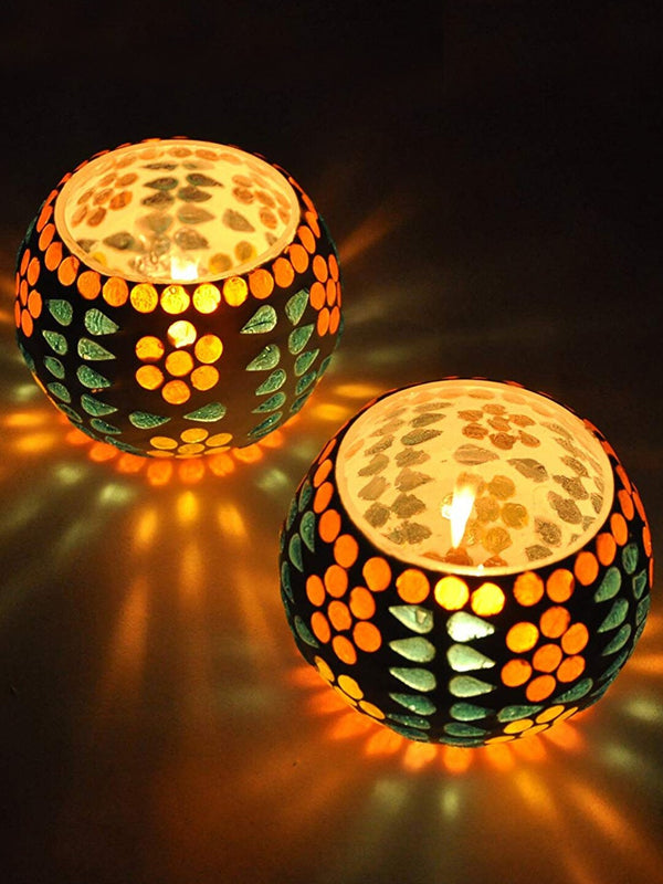 Set of 2 Mosaic Glass Tea Light