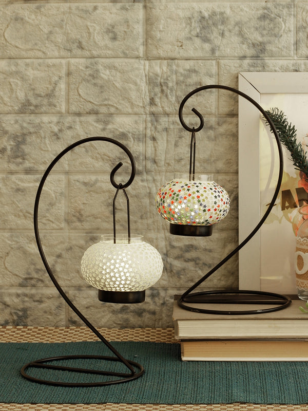 Set of 2 White & Green TeaLight Candle Holders