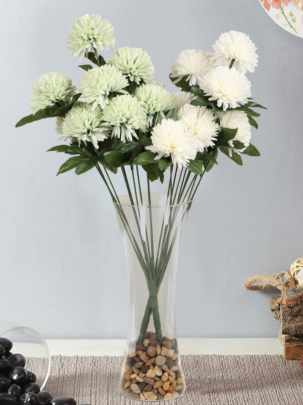 Set of 2 White and Green Artificial Flower Bunches with Glass Vase