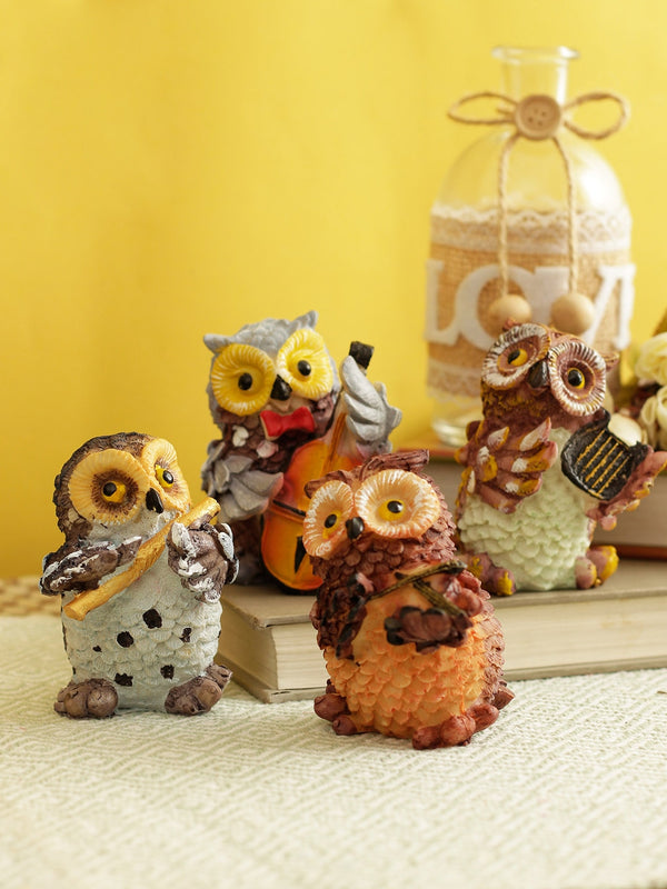 Set of 4 Brown & Yellow Owls Playing Musical Instrument
