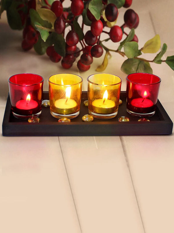 Set of 4 Red & Yellow Glass Votives with
