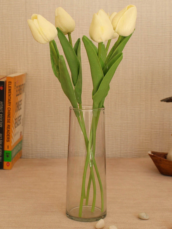 Set of 5 Off White and Green Artificial Tulip Flower Sticks With Glass Vase