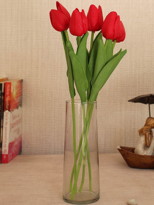 Set of 5 Red Decorative Artificial Tulip Flower Sticks With Glass Vase