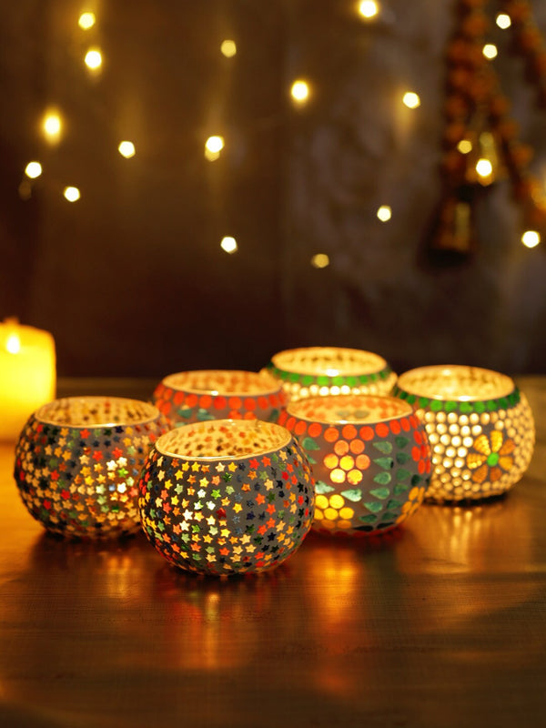 Set of 6 White Mosaic Glass Tea Light Candle