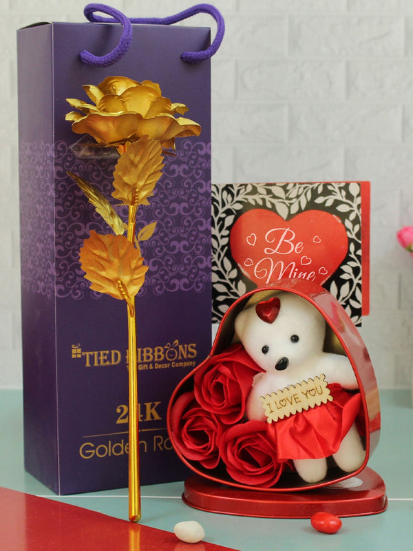 Valentine Day Special Golden Rose & Teddy
