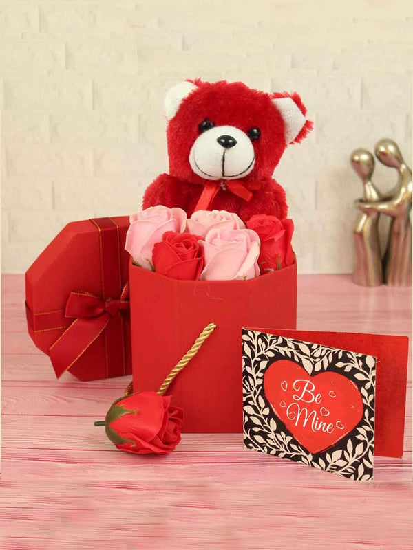 Red & Black 3-Pieces Teddy Bear With Flowers