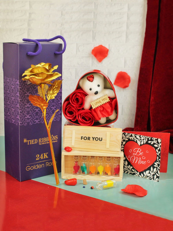 Valentine Golden Rose - Messge Box & Teddy