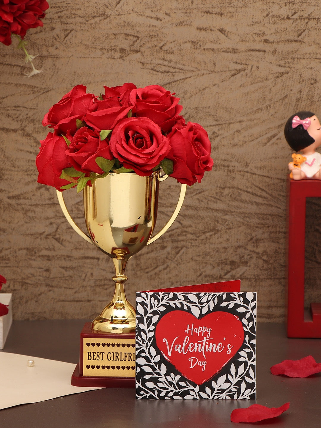 Red Roses Trophy Buy | Artificial Scented Rose Bunch With Golden Trophy | TIED RIBBONS ...