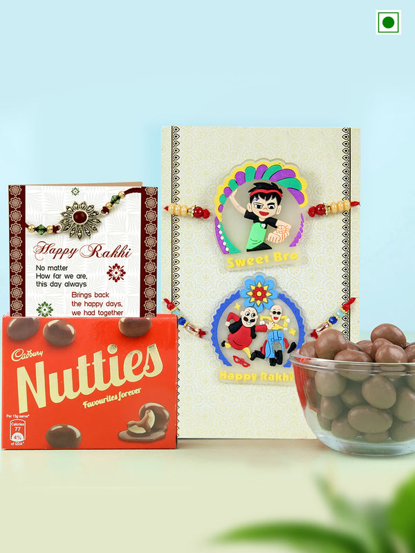 Set of 2 Premium Cartoon Ganesha Rakhi for Kids Boys Baby Brother with Chocolate Mini Astronauts Toys Statue Card and Roli Chawal