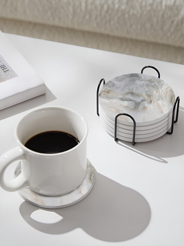 Grey & White 6 Pieces Printed Round Ceramic Coasters With Holder