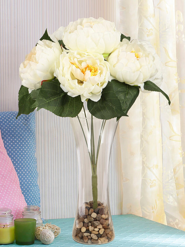 White and Green Decorative Artificial Peony Flower Bunch Without pot