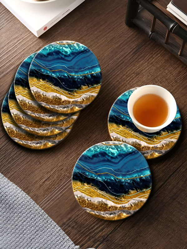Blue & White 6 Pieces Printed Round Ceramic Coasters With Holder