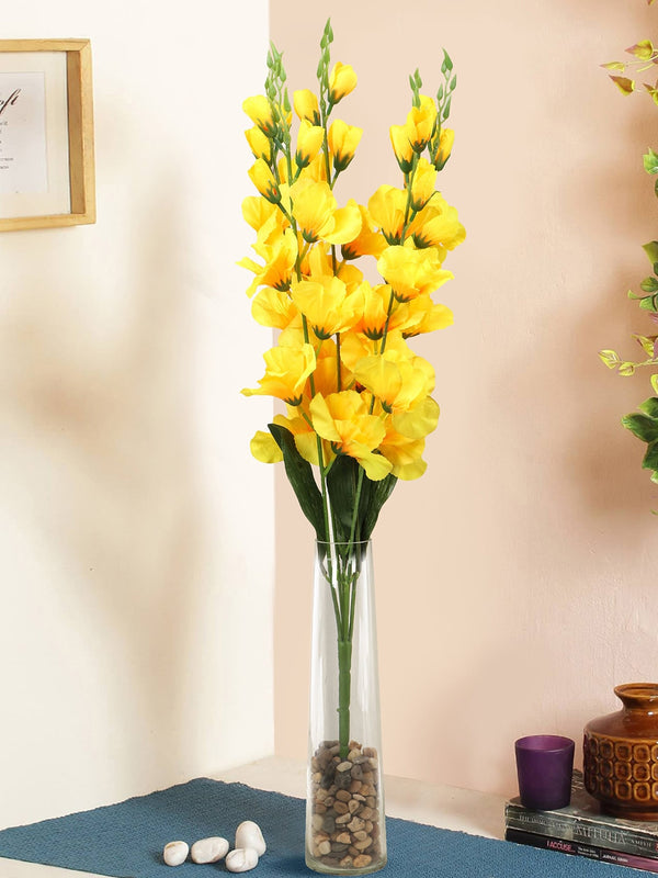 Yellow and Green Artificial Flower Bunch with Glass Vase