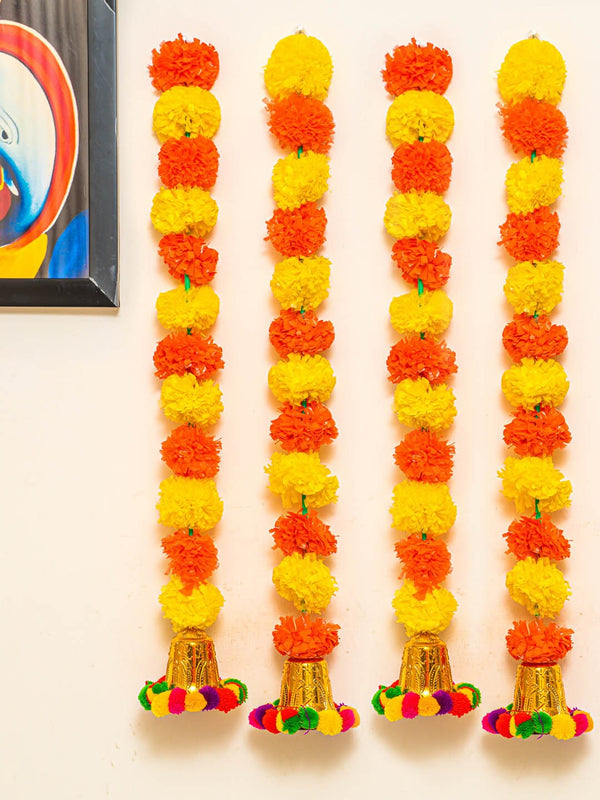 Yellow and Orange Set of 4 Artificial Marigold Flowers Garland