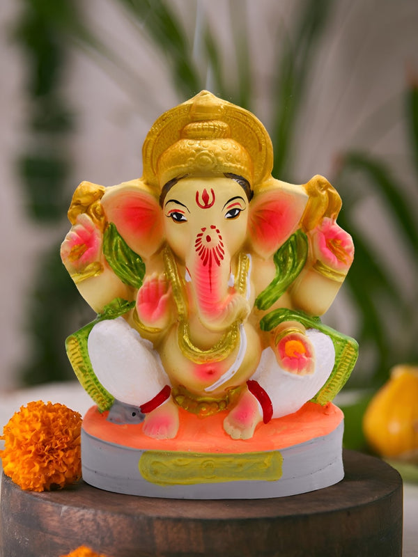 Orange Colored & Green Lord Ganesha Religious Idol Showpiece
