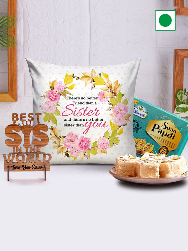 Printed Cushion & Showpiece with Soan Papdi Sweet Box Gift