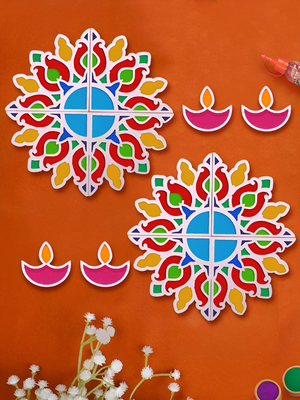2-Pcs White & Orange Colored Wooden Rangoli Mats