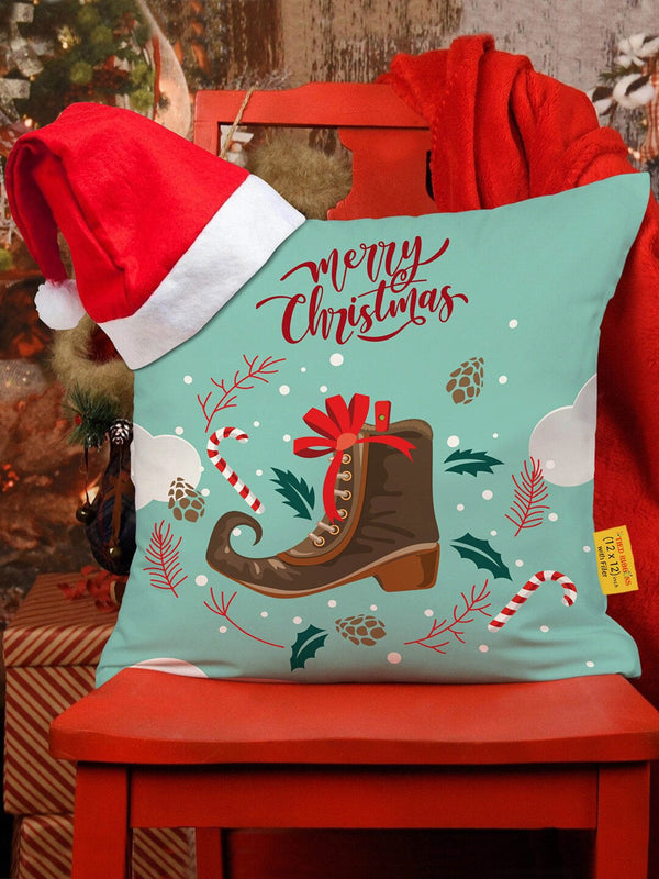 Sea Green & White Christmas Printed Cushion Cover With Filler & Santa Cap