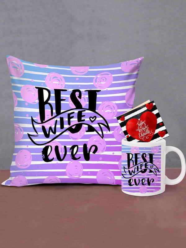 White & Red Printed Karwachauth Cushion with Coffee Mug & Card Gift Set