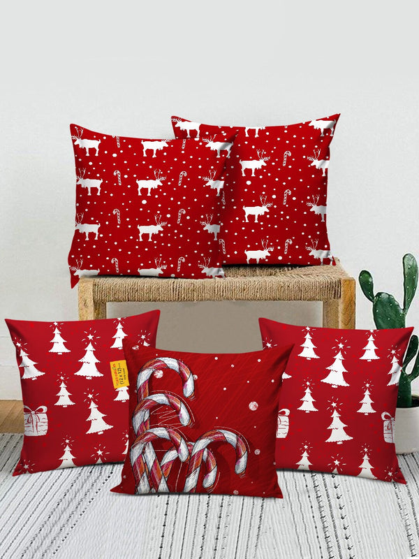 Set Of 5 Red Printed Cushion Covers