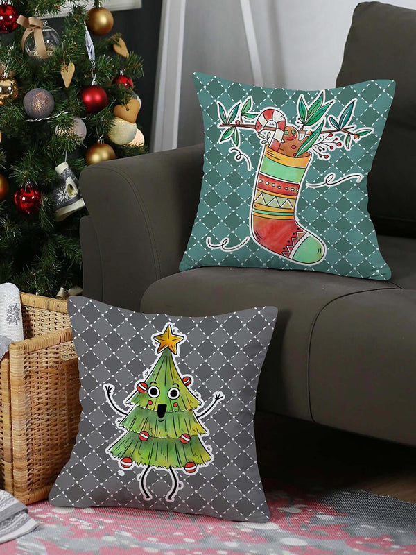 Green & Grey Set of 2 Abstract christmas Square Cushion Covers