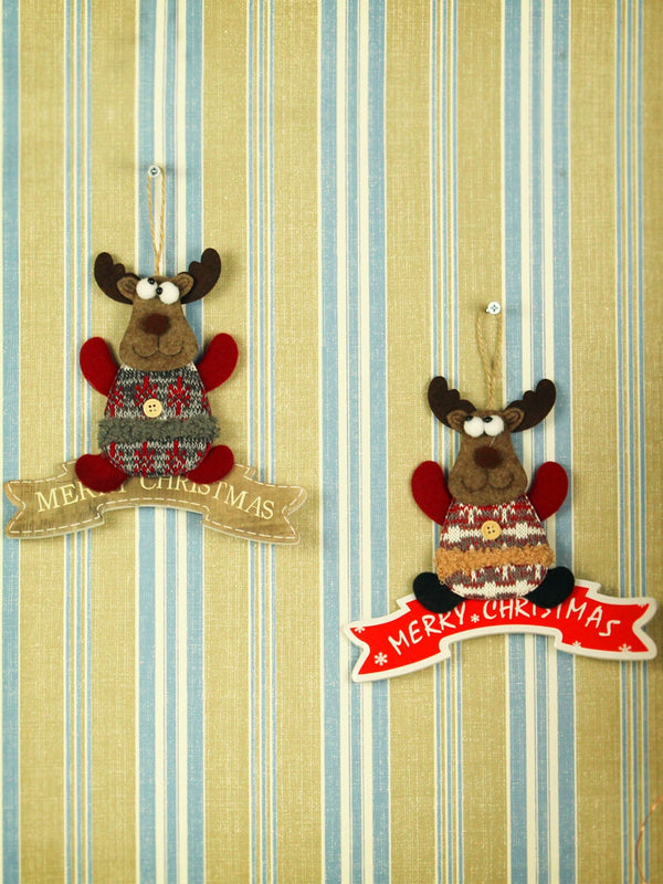 Set of 2 Beige & Red Reindeer Christmas Wall Hanging