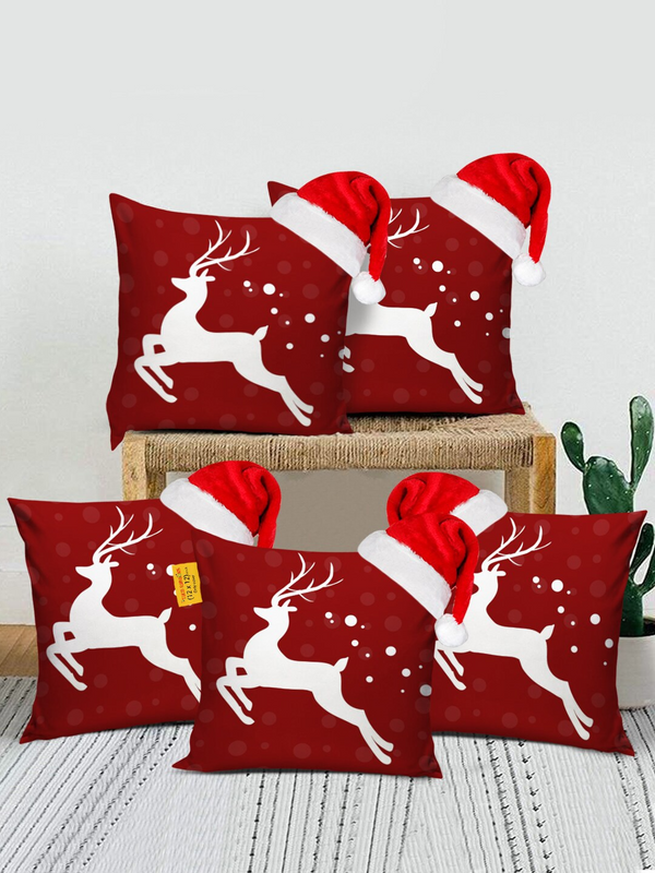 Maroon & White Set of 5 Graphic Printed Square Cushion Covers With Santa Caps