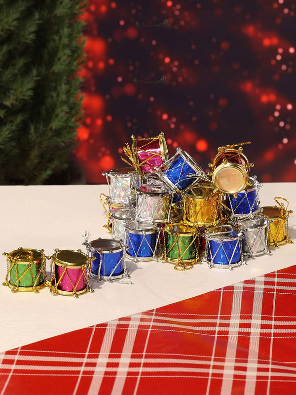Multicoloured Set of 24 Mini Drums Christmas Decoration Hanging Ornaments