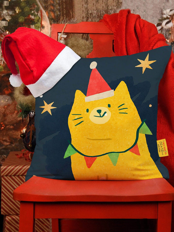 Black & Mustard Christmas Printed Cushion Cover With Filler & Santa Cap