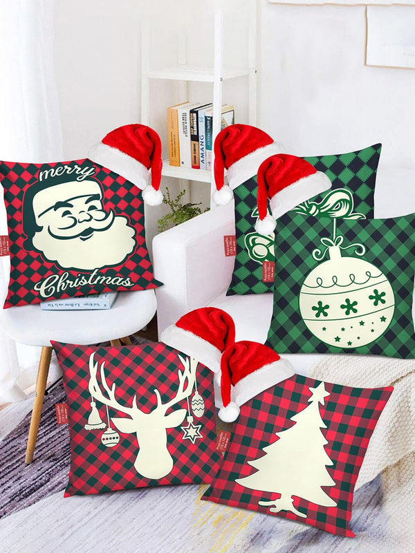 Multicoloured Set of 5 Christmas Theme Printed Square Cushion Covers with Santa Cap