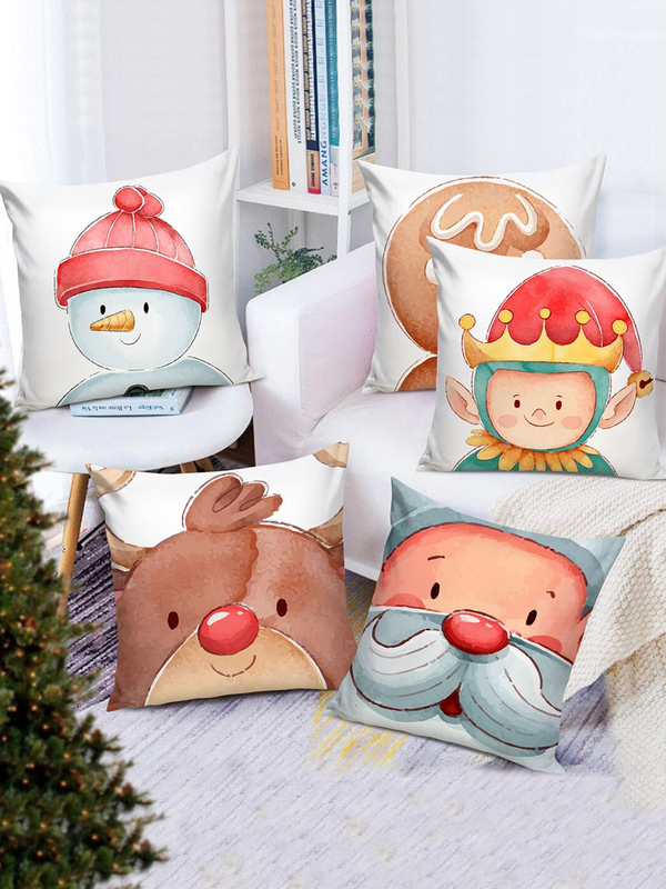 Multicoloured Set of 5 Christmas Decoration Printed Square Cushion Covers 16"X16"