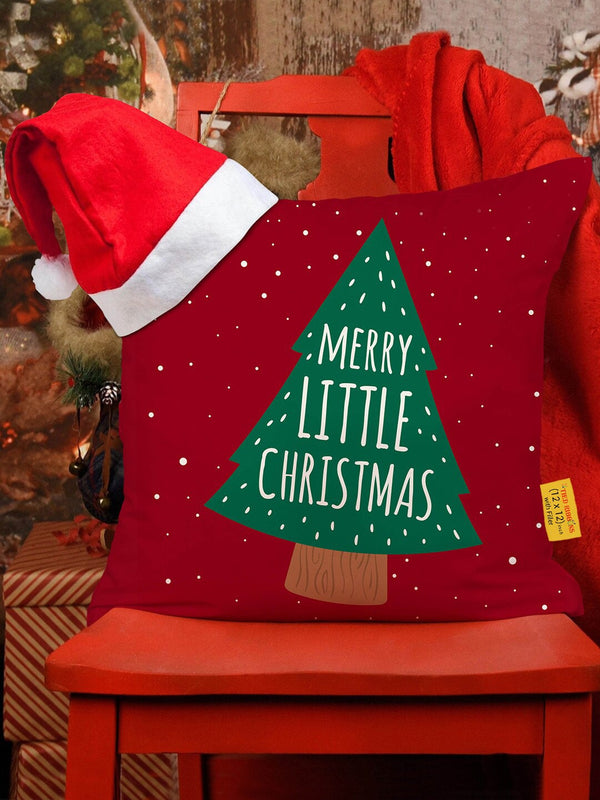 Red & Green Christmas Printed Square Cushion Cover With Filler & Santa Cap